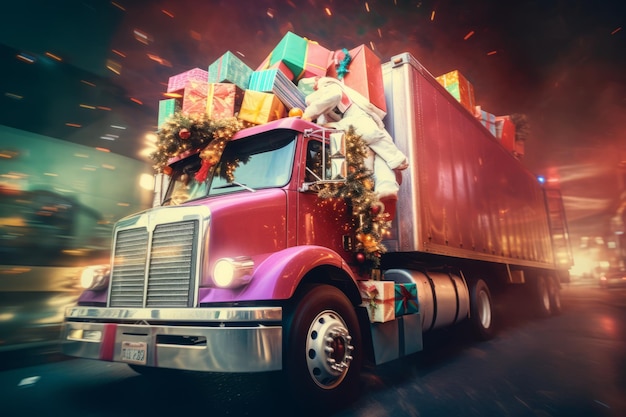 Illustration of truck car full of Christmas presents delivery car shipping cargo service