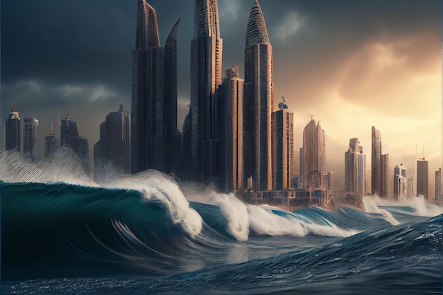 Illustration of tsunami wave apocalyptic water view urban flood Storm AI