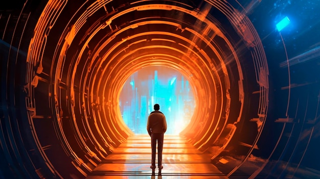 Photo illustration tunnel futuristic with digital virtual database website header generative ai