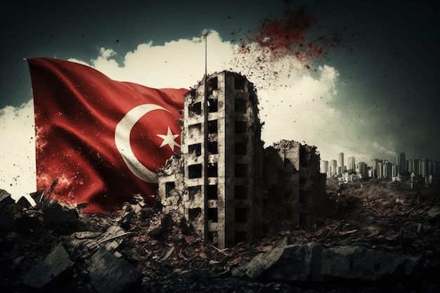 플래그가 있는 터키 지진 재해의 그림 최근 지진을 상징합니다.