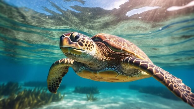 Illustration of a turtle swimming near a vibrant coral reef in sea