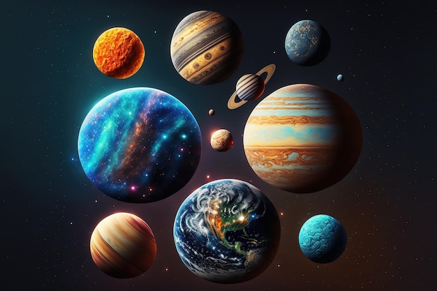 Illustration of the twelve planets in our solar system in a realistic space planet isolated icon set