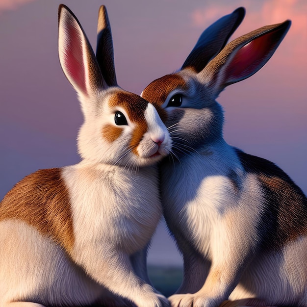 Illustration of two adorable rabbits cuddling together created with Generative AI technology