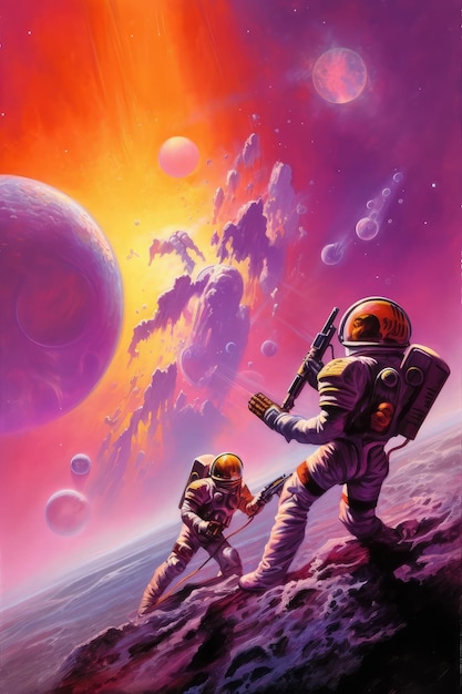 An illustration of two astronauts on a planet