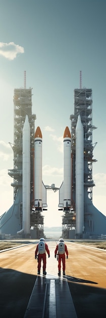 illustration of two astronauts walking towards the launch pad of