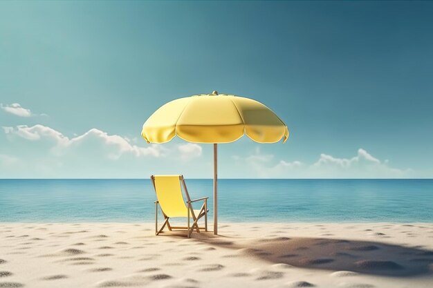 Illustration of two beach chairs under a yellow umbrella on a sandy beach Generative AI