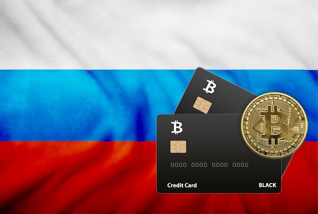 Illustration of two black credit cards and bitcoin coin on the background of the flag of Russia