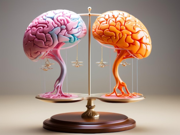 균형 잡힌 저울 위에 두 개의 뇌 모양을 보여주는 그림
