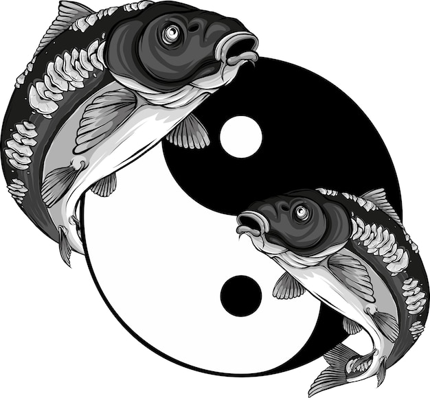 Photo illustration of two carp fishes in the circle of yin yang symbol