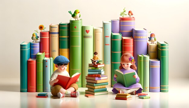 Photo illustration of two cartoon children reading books among large colorful bookends with a small bird a