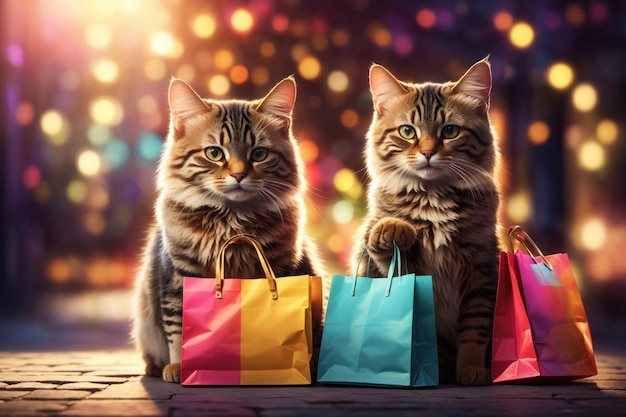 Illustration of a two cats holding shopping bags ai generative