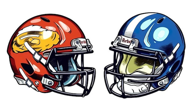 白い背景に分離された 2 つの異なるアメリカン フットボール ヘルメットのイラスト