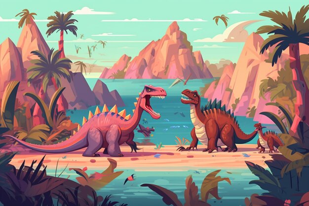 Illustration of two dinosaurs in a tropical landscape with a lake generative ai