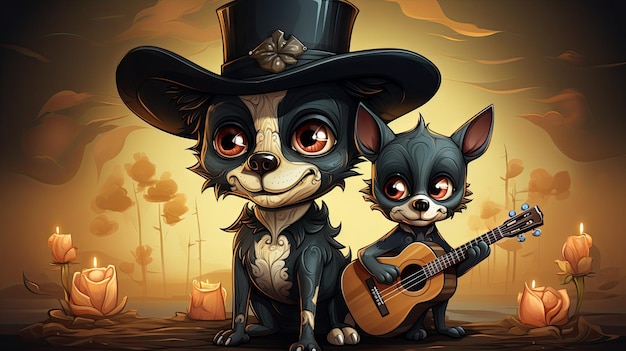 Illustration of two dogs in a witch's hat playing the guitar