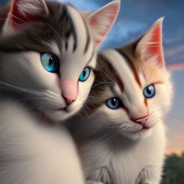 Иллюстрация двух домашних кошек, сидящих вместе и смотрящих на зрителя