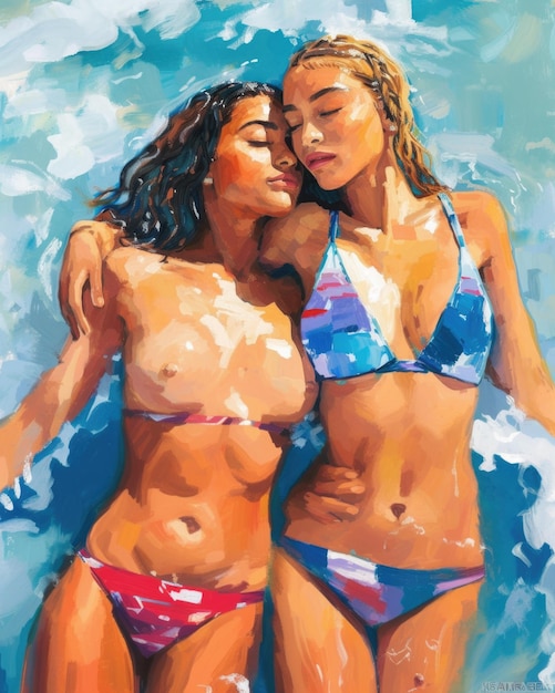 Illustration of two embracing young women in swimsuits against the backdrop of the sea AI generative