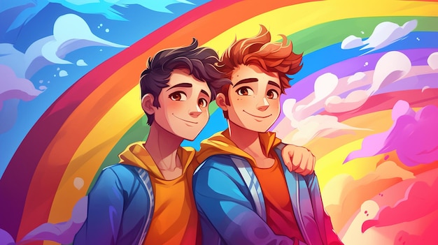 Photo illustration of two gay guys hugging and smiling on a bright rainbow background