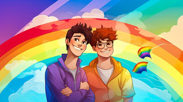 Photo illustration of two gay guys smiling on a bright rainbow background