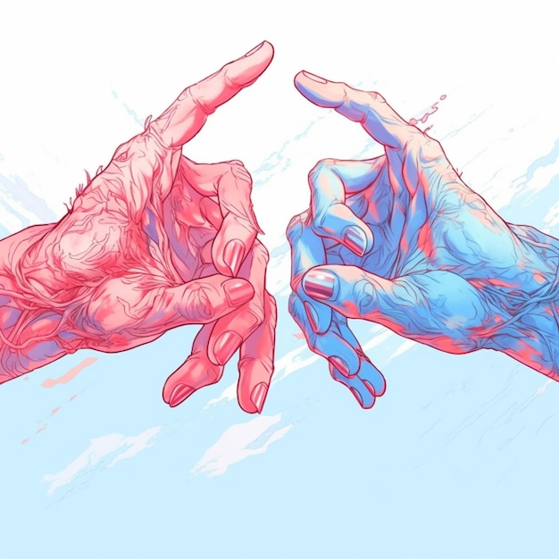 青色の背景の生成 ai でお互いに手を伸ばす 2 つの手のイラスト