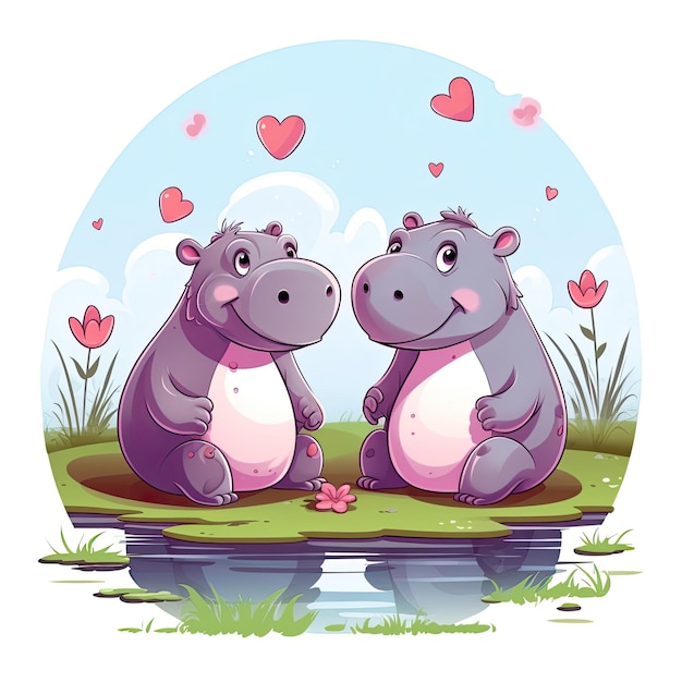 Illustration of two hippos in love looking at each other