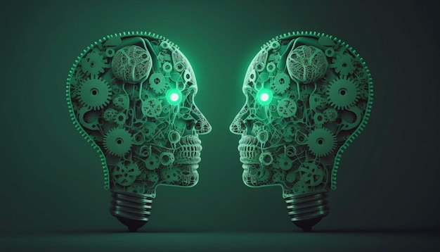 Illustration of two human heads made of gears with light generative ai