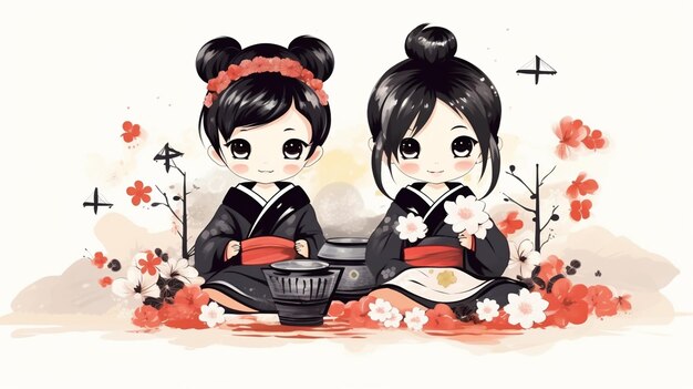 Illustration of two Japanese girls in traditional kimono with a lantern