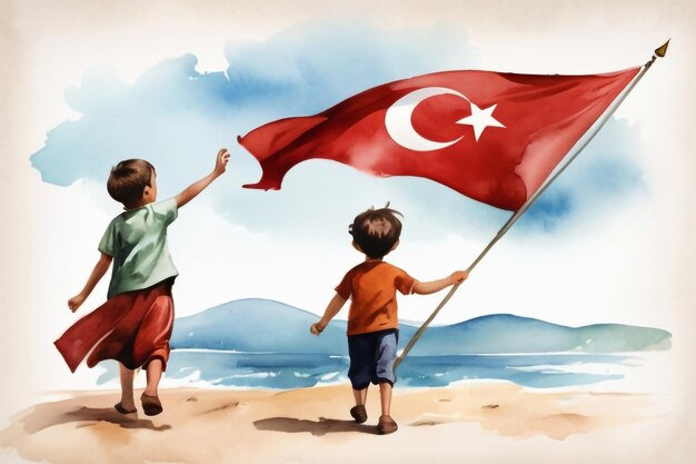 Photo illustration of two joyful children with a large turkish flag