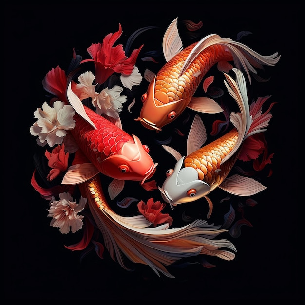 Illustration of two koi fish on a black background Generative AI