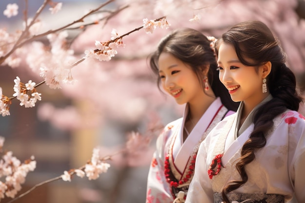 Photo illustration of two korean woman dressed in colorful traditional dresses and smiling at the camera