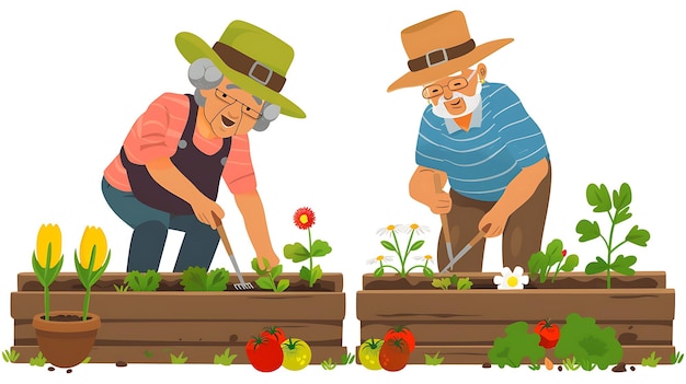 Photo an illustration of two old people working in a garden