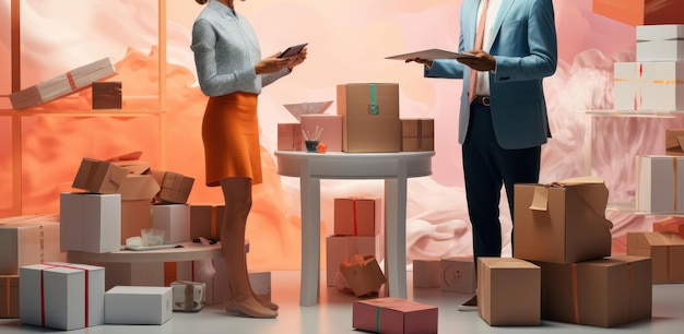 Illustration of two people and many cardboard boxes Concept of online sales and product delivery