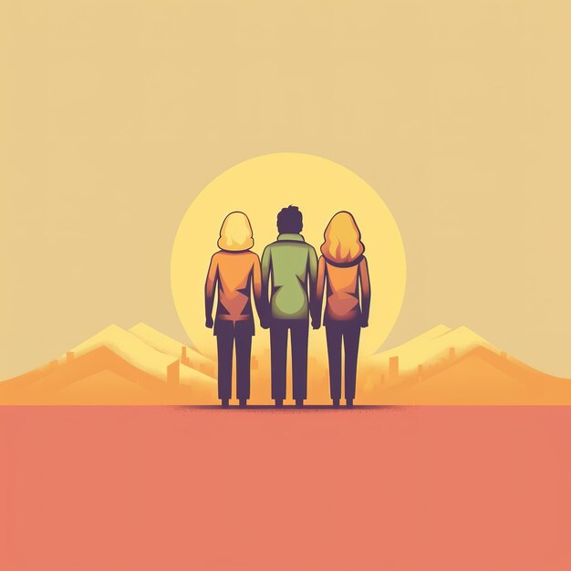 Photo an illustration of two people standing in front of a mountain