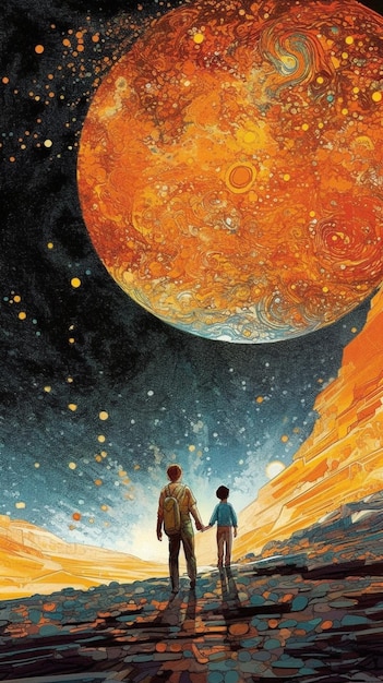 Illustration of two people standing on a rocky hill looking at a planet generative ai