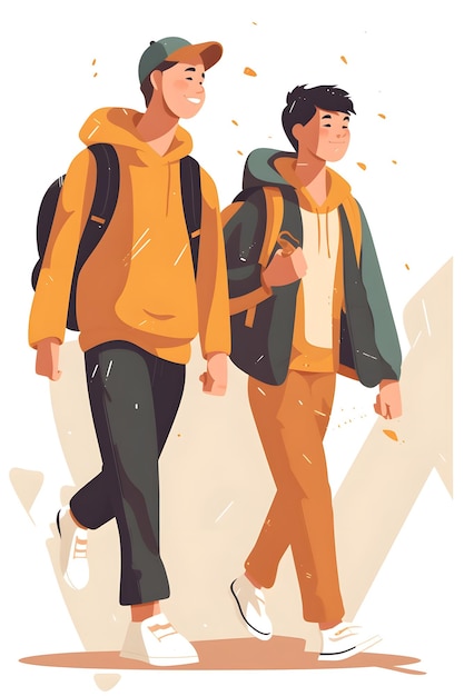 An illustration of two people walking in a street.