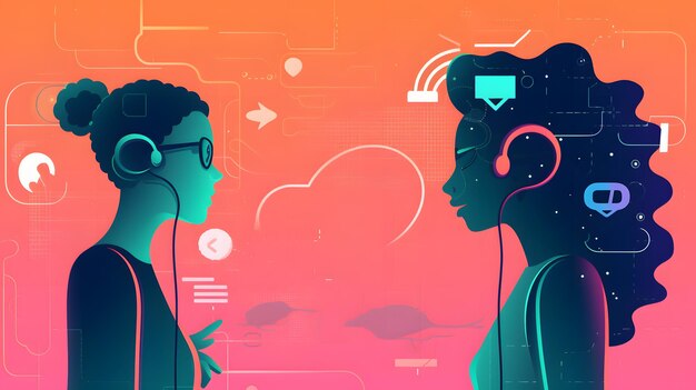 Photo illustration of two people with headphones and a phone generative ai
