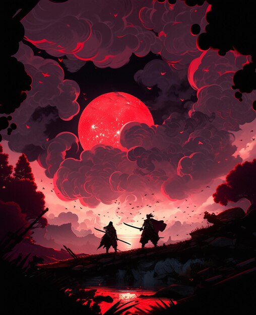 illustration of two samurais walking across a field with a red moon in the background generative ai