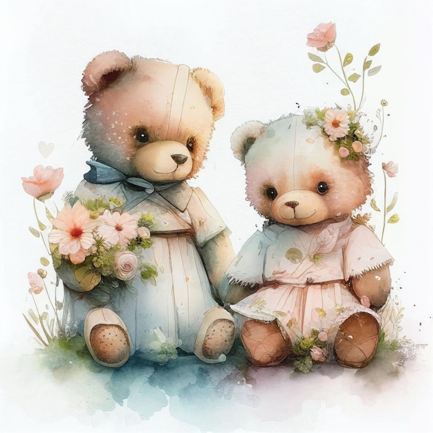 Illustration two teddy bear sitting together in flower garden Created with Generative AI technology