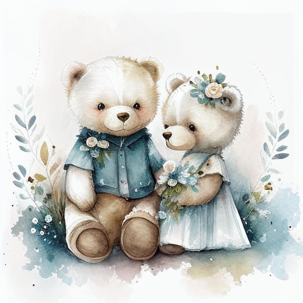 Illustration two teddy bear sitting together in flower garden Created with Generative AI technology