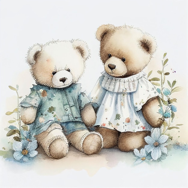 Illustration two teddy bear sitting together in flower garden Created with Generative AI technology