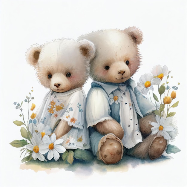 Illustration two teddy bear sitting together in flower garden Created with Generative AI technology