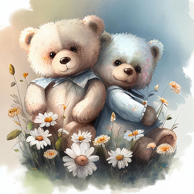 Illustration two teddy bear sitting together in flower garden Created with Generative AI technology