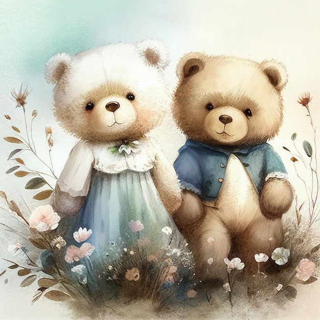 Illustration two teddy bear sitting together in flower garden Created with Generative AI technology