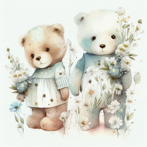 Illustration two teddy bear sitting together in flower garden Created with Generative AI technology