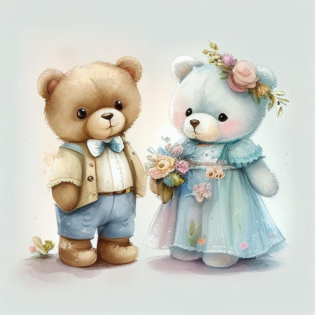 Illustration two teddy bear sitting together in flower garden Created with Generative AI technology