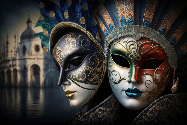 иллюстрация две венецианские карнавальные маски на фоне ai generative