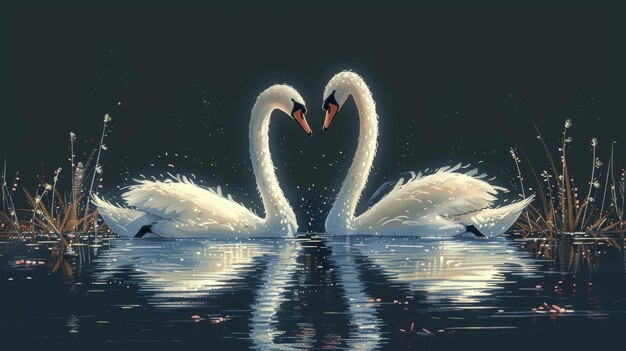 池や湖で一緒に浮かぶ2匹の白い天<unk>のイラスト 恋する水鳥 流行のスタイルのフラットなカラフルな近代的なイラスト