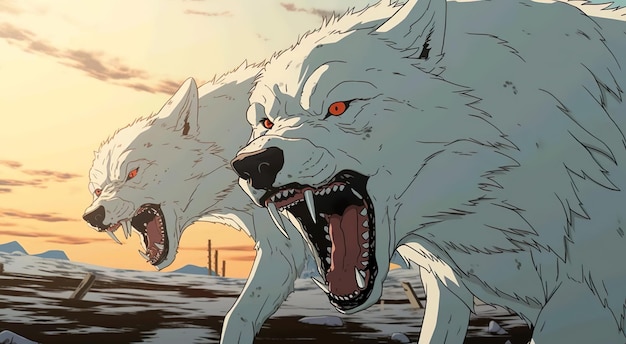 Photo an illustration of two white vicious wolf animation