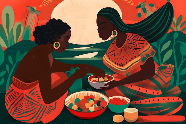 Иллюстрация двух женщин, готовящих еду перед пальмой.