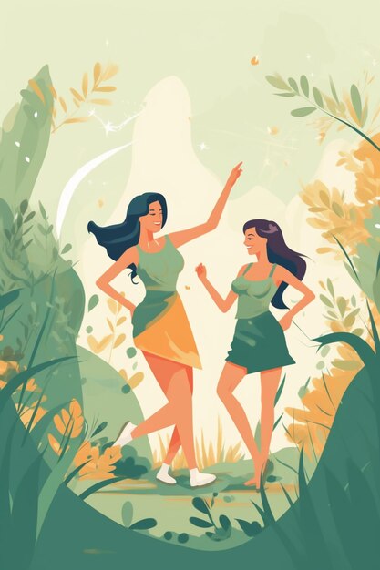 illustration of two women running in the woods generative ai