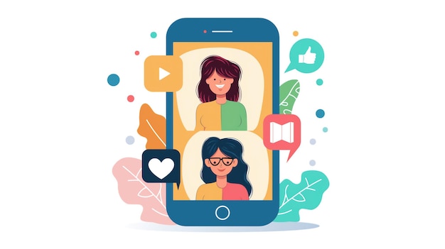 Photo illustration of two women video chatting on a smartphone surrounded by social media icons and colorf